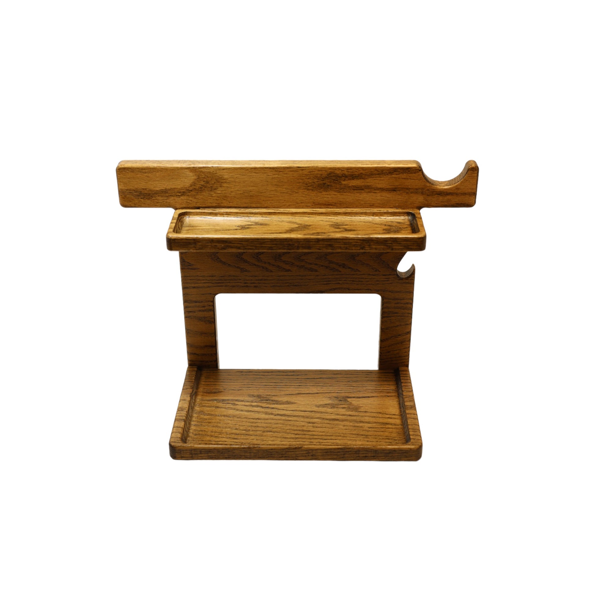 An empty CPAP Stand made by Custom Cave Works.  The stand is on a white background and includes catch-all trays to keep your nightstand organized.  The stand is sold oak wood that has a satin finish.  