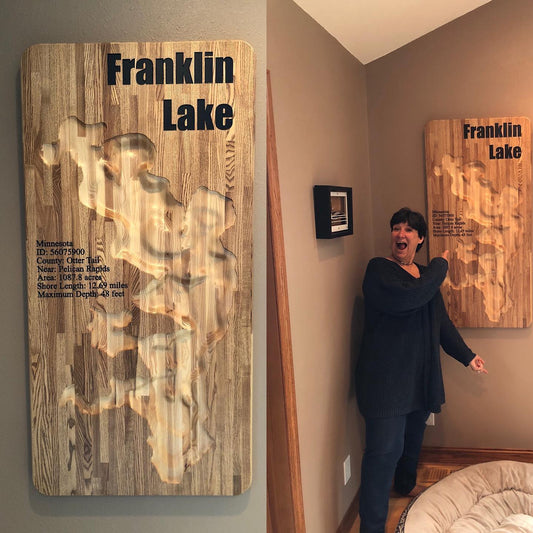 Franklin Lake 3D Wood Map - Solid Ash 24"x48"